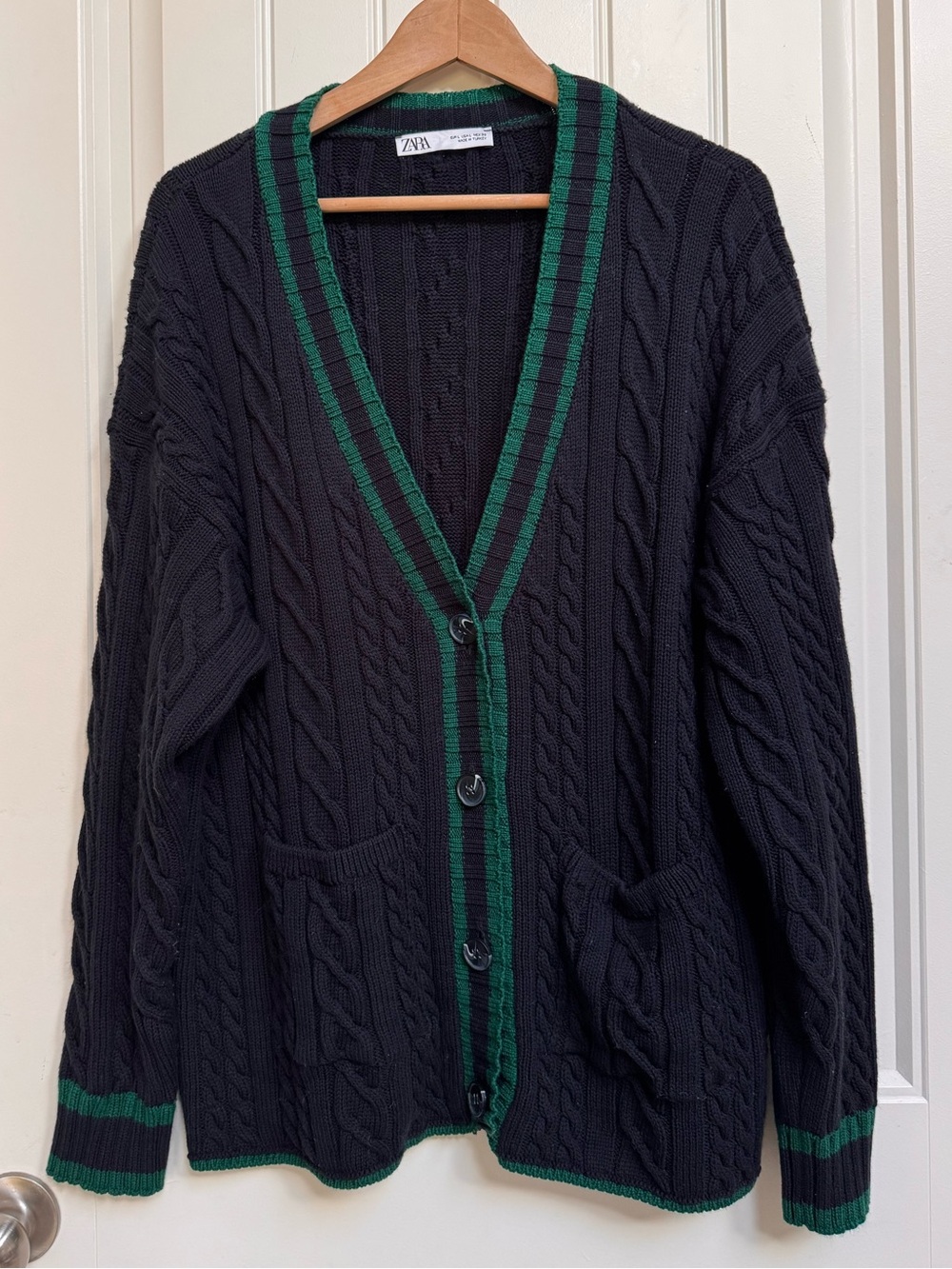 Zara Navy and Green Cable Knit Oversized Cardigan. Size L